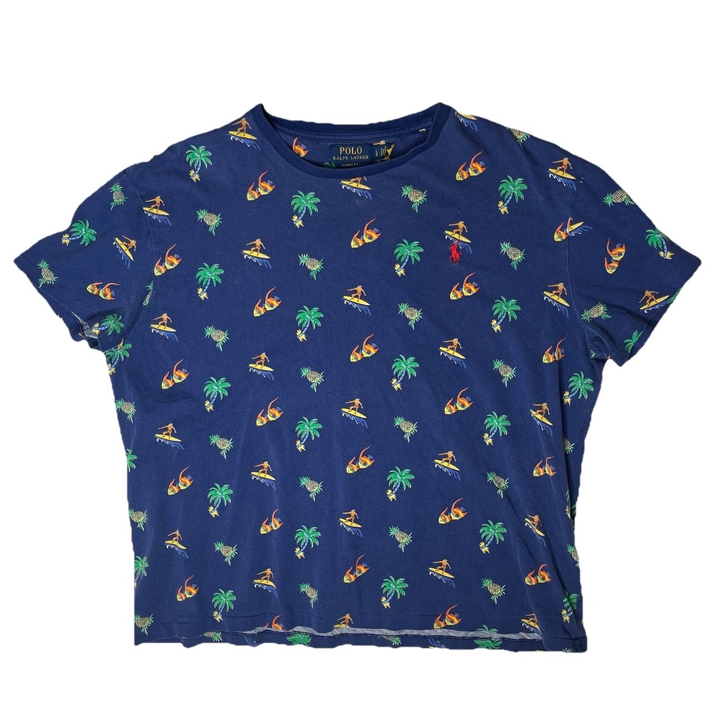 Polo Ralph Lauren Men L Classic Fit Tropical Surfer Palm Tree Fish T-Shirt Blue